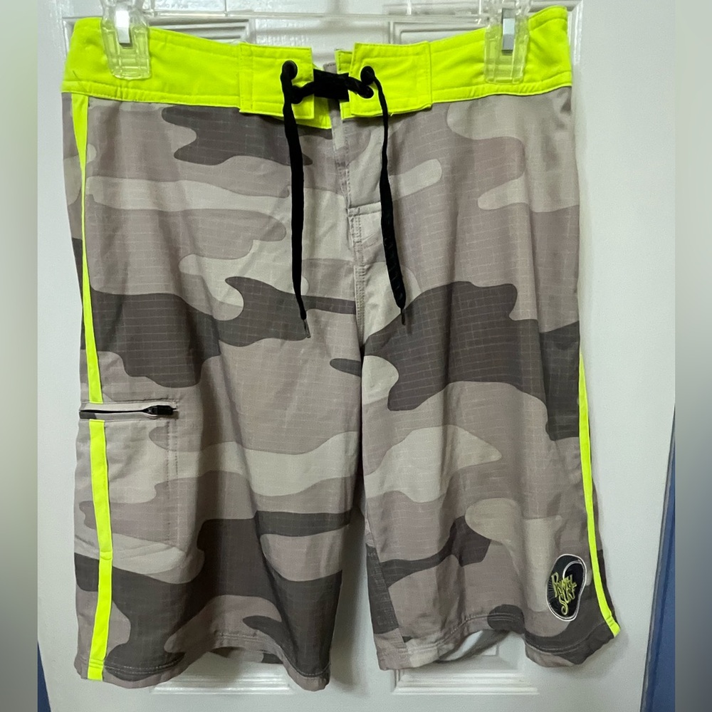 Boy’s Camo Board Shorts with Neon Accents, size 26